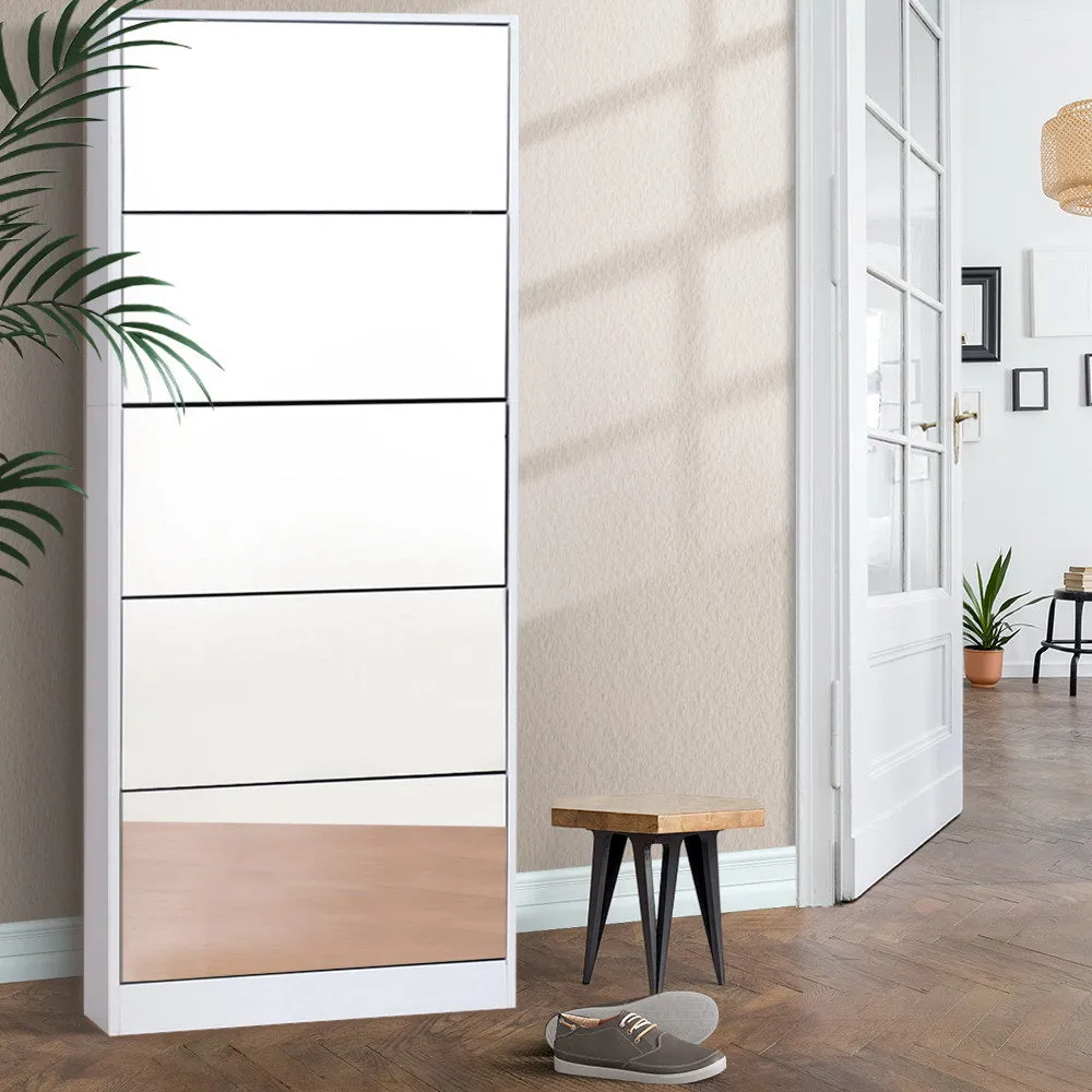 Shoe Cabinet 5 Drawer Mirrored Wooden - White