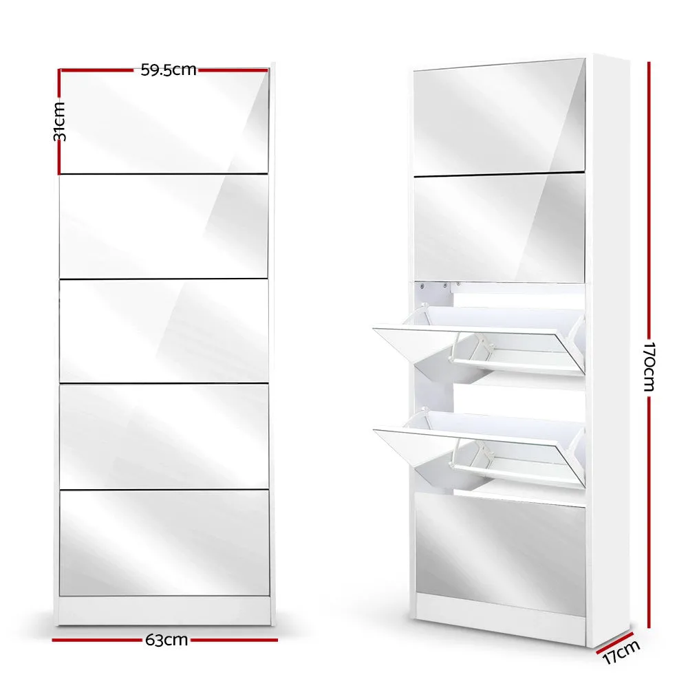 Shoe Cabinet 5 Drawer Mirrored Wooden - White