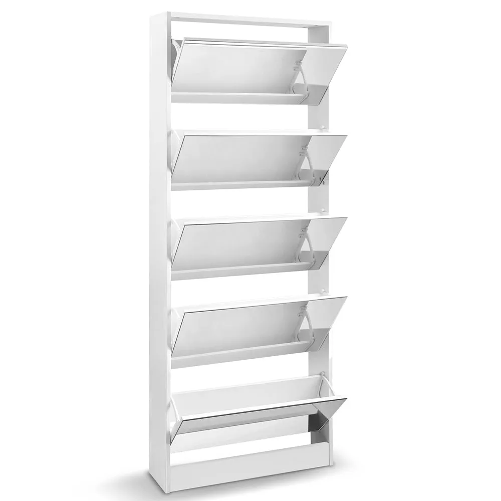 Shoe Cabinet 5 Drawer Mirrored Wooden - White