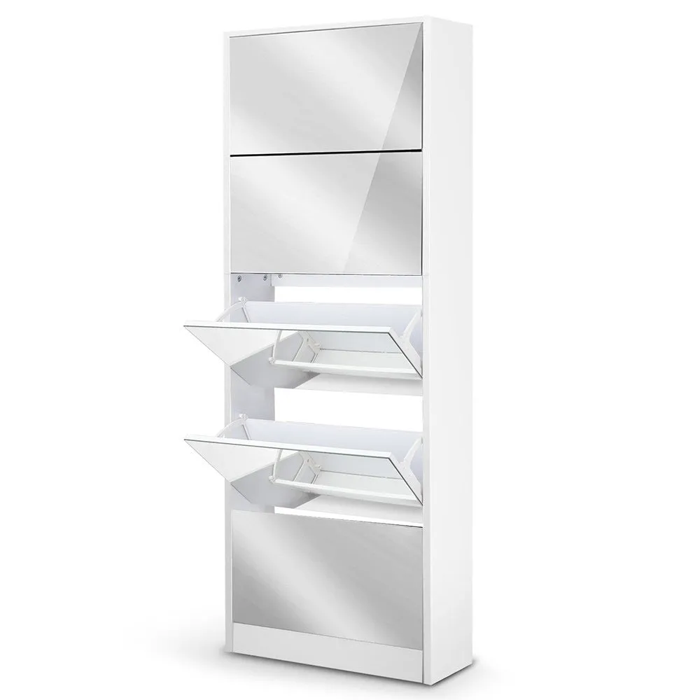 Shoe Cabinet 5 Drawer Mirrored Wooden - White