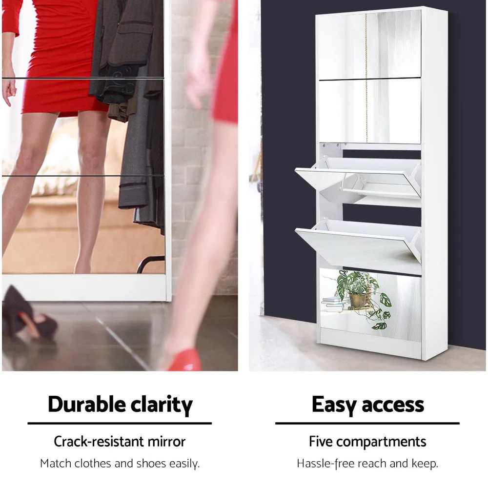 Shoe Cabinet 5 Drawer Mirrored Wooden - White