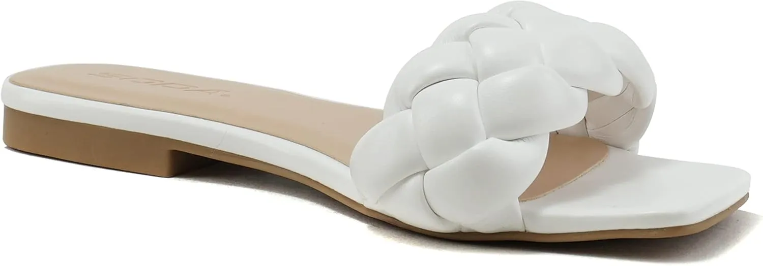 Soda BALL ~ Women Casual Open Square Toe Comfort Fashion puffy Braided Woven Slip on Flat Sandals