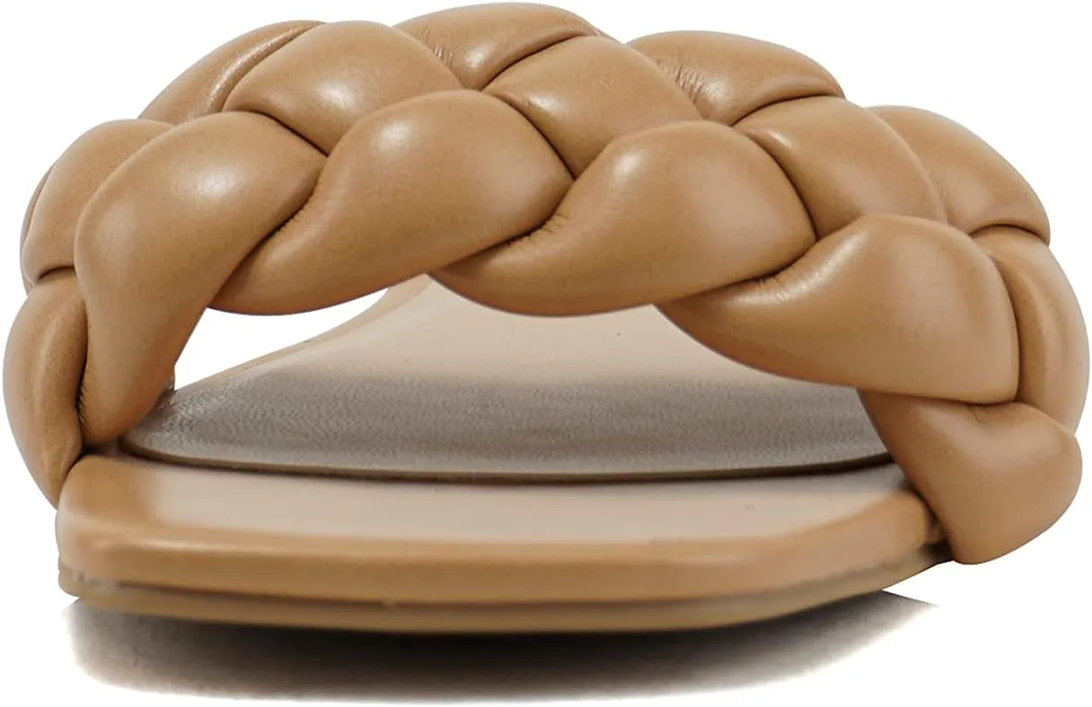 Soda BALL ~ Women Casual Open Square Toe Comfort Fashion puffy Braided Woven Slip on Flat Sandals