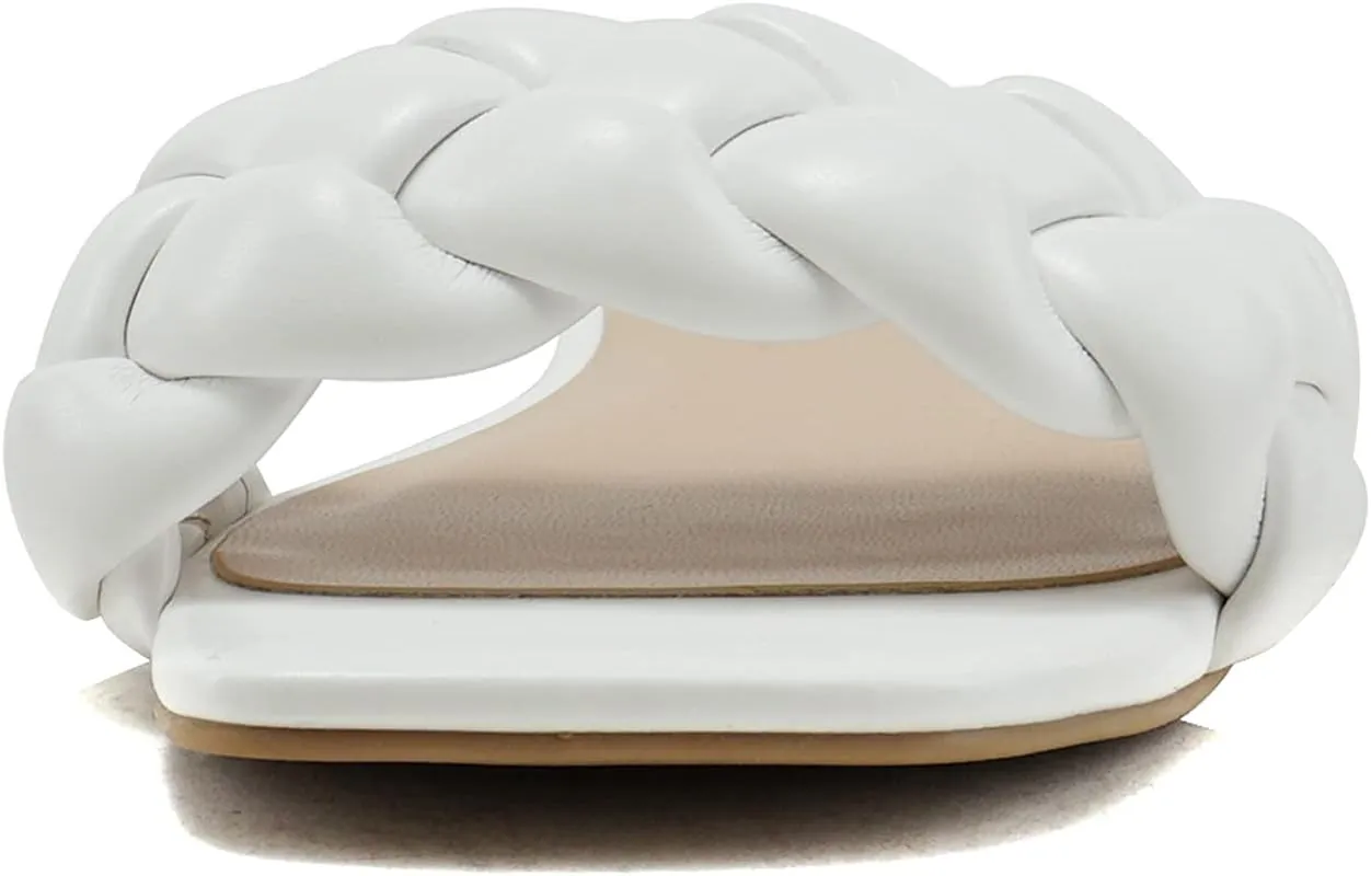 Soda BALL ~ Women Casual Open Square Toe Comfort Fashion puffy Braided Woven Slip on Flat Sandals