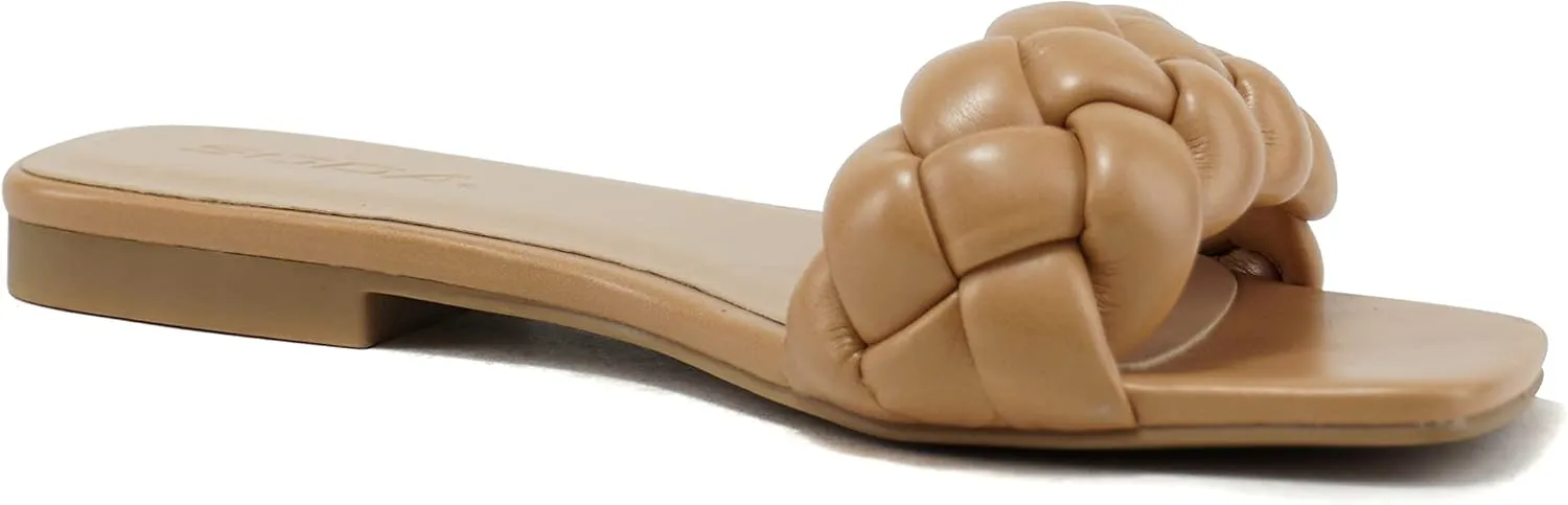 Soda BALL ~ Women Casual Open Square Toe Comfort Fashion puffy Braided Woven Slip on Flat Sandals