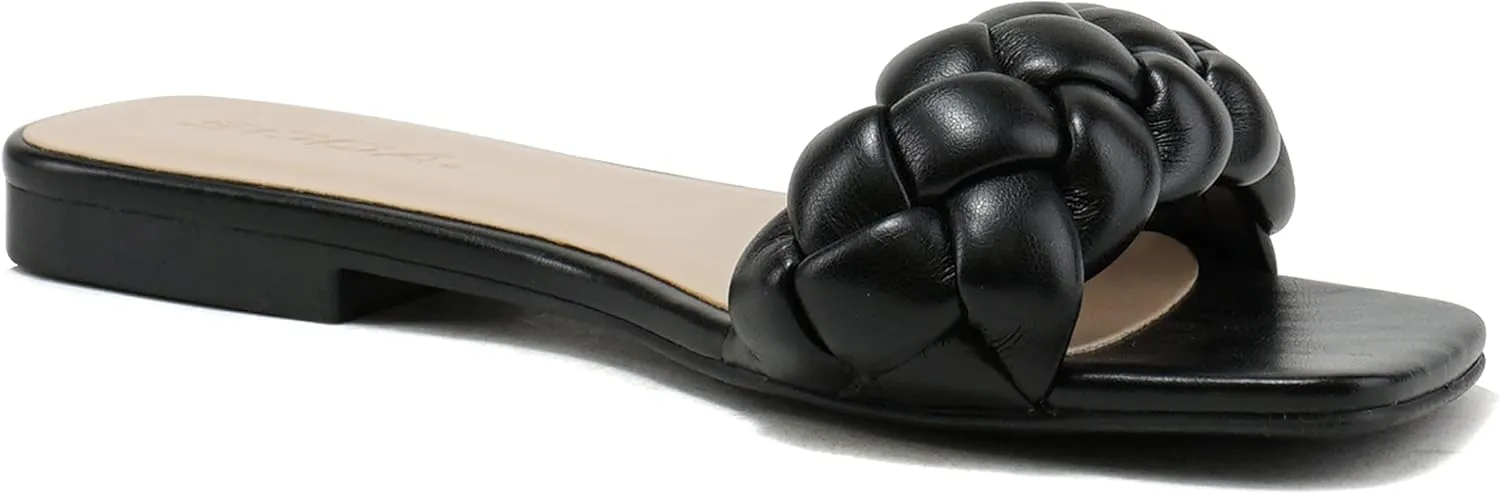 Soda BALL ~ Women Casual Open Square Toe Comfort Fashion puffy Braided Woven Slip on Flat Sandals