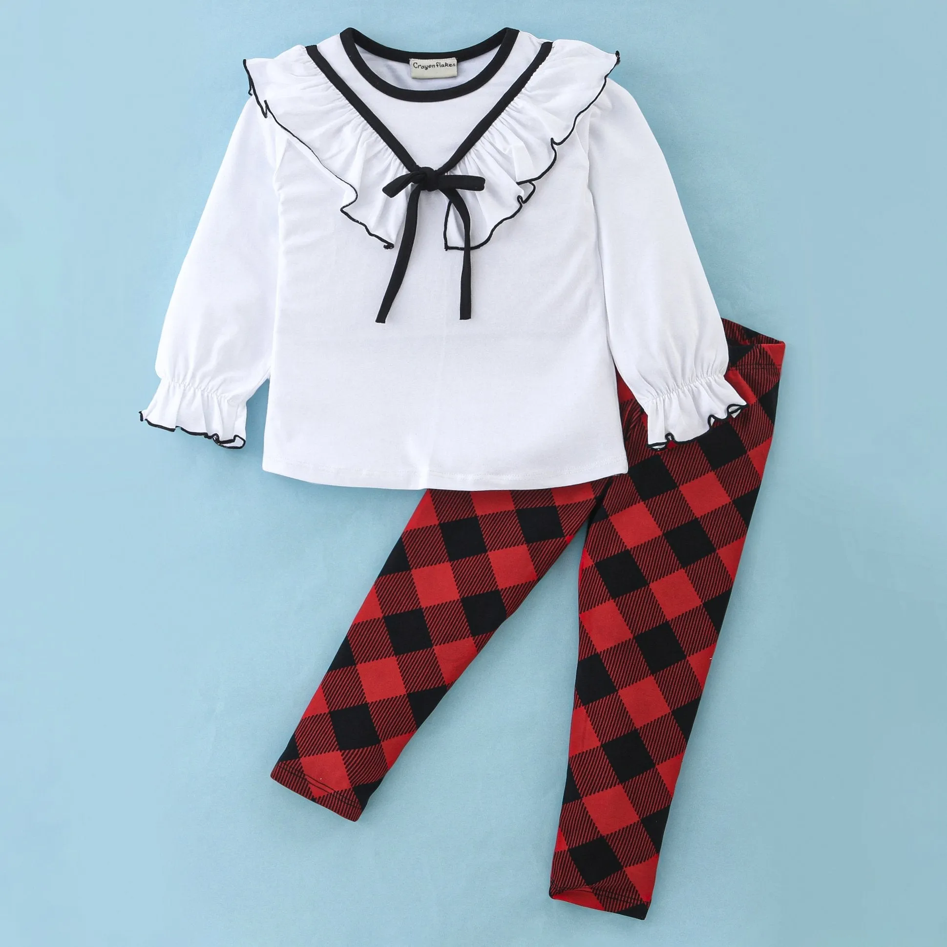 Solid V Frilled Top Checkered Leggings Set