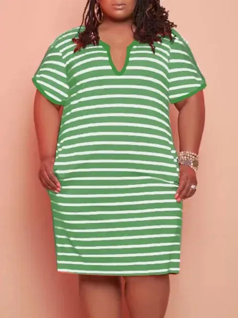 V Neck Striped Pocket Midi Dress