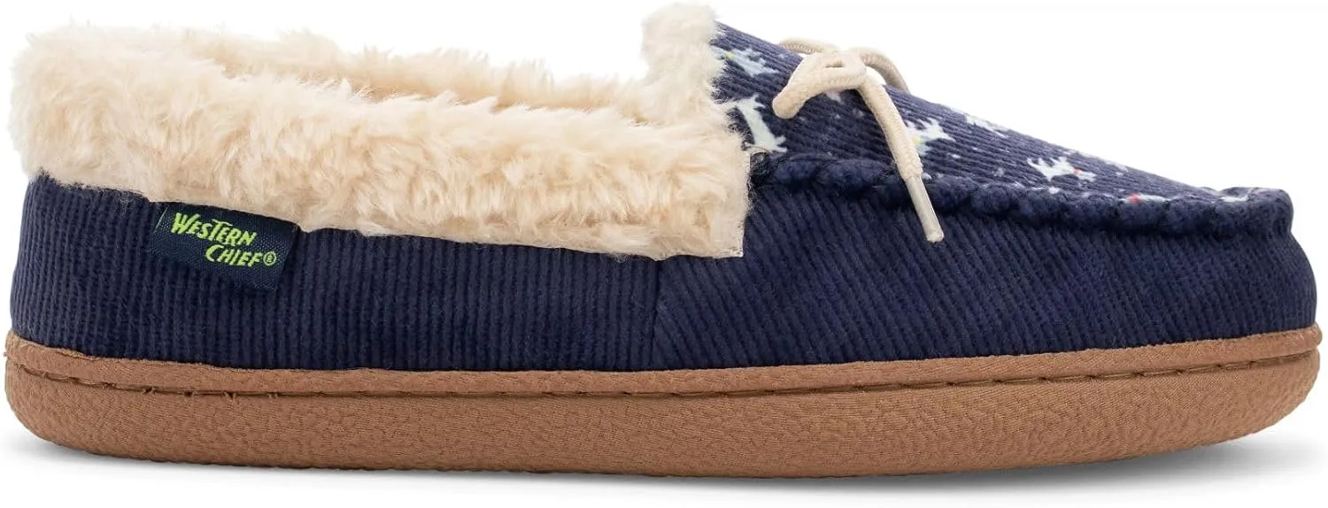 Western Chief Women's Elaine Slippers  Cozy Faux Fur Lining, Stylish Stitched Lace Detail for Indoor, Moccasin Slip-On Loafers Womens Shoes
