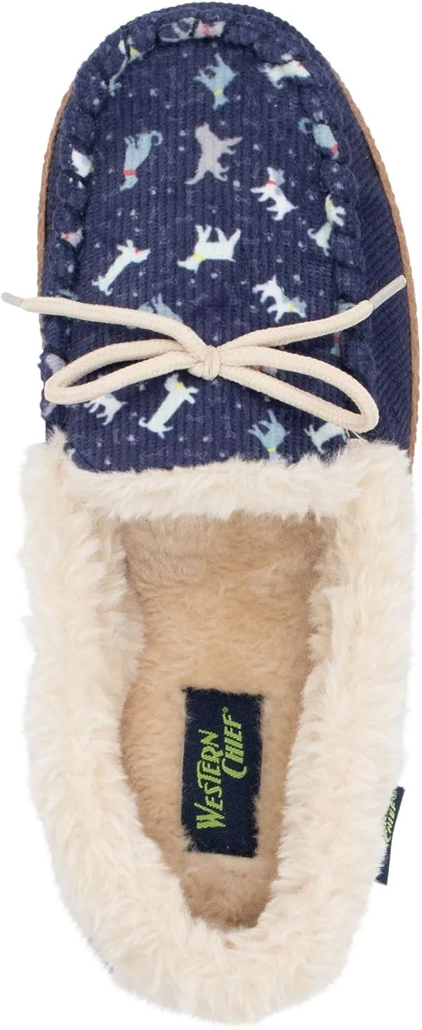 Western Chief Women's Elaine Slippers  Cozy Faux Fur Lining, Stylish Stitched Lace Detail for Indoor, Moccasin Slip-On Loafers Womens Shoes