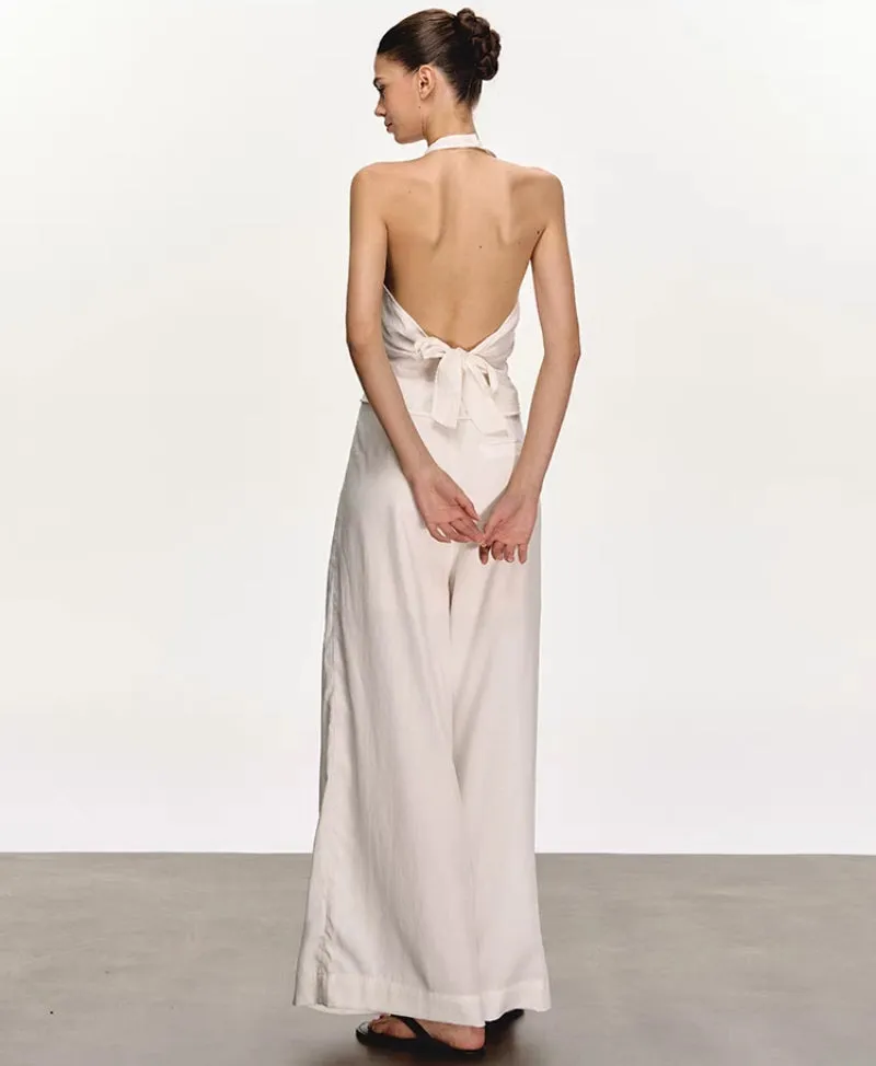 White Backless Halter Vest & Wide-Leg Trousers Set