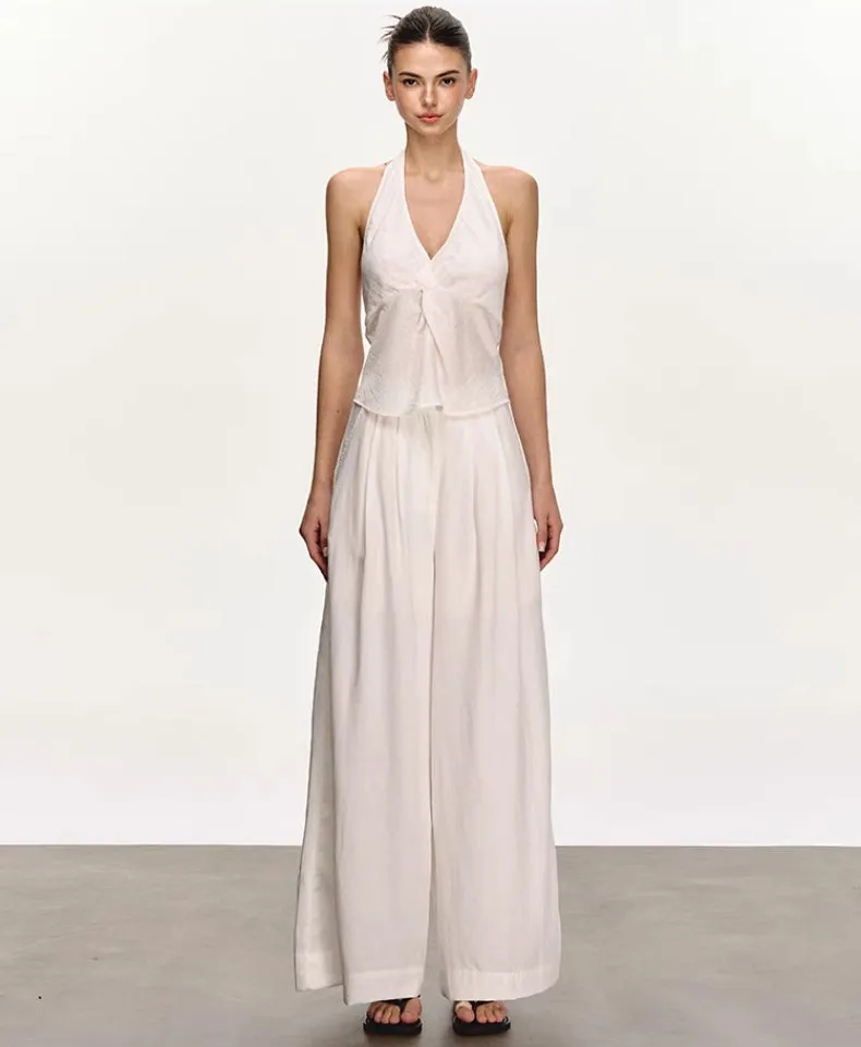 White Backless Halter Vest & Wide-Leg Trousers Set