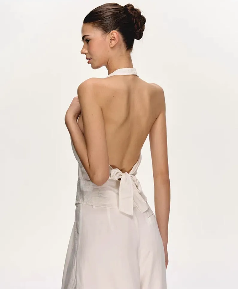 White Backless Halter Vest & Wide-Leg Trousers Set