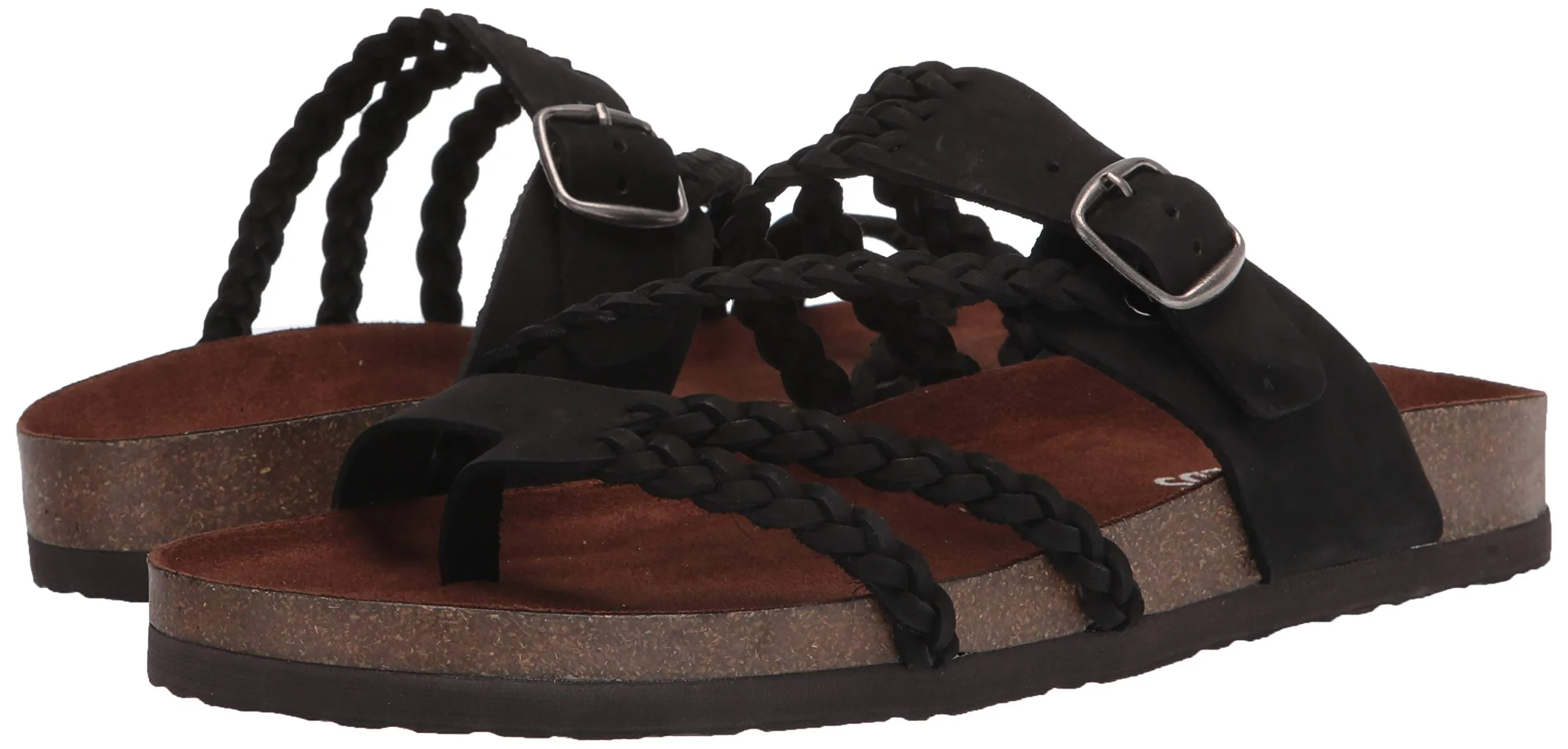 White Mountain Hayleigh Black Leather Flats Casual Slip On Footbeds Sandals