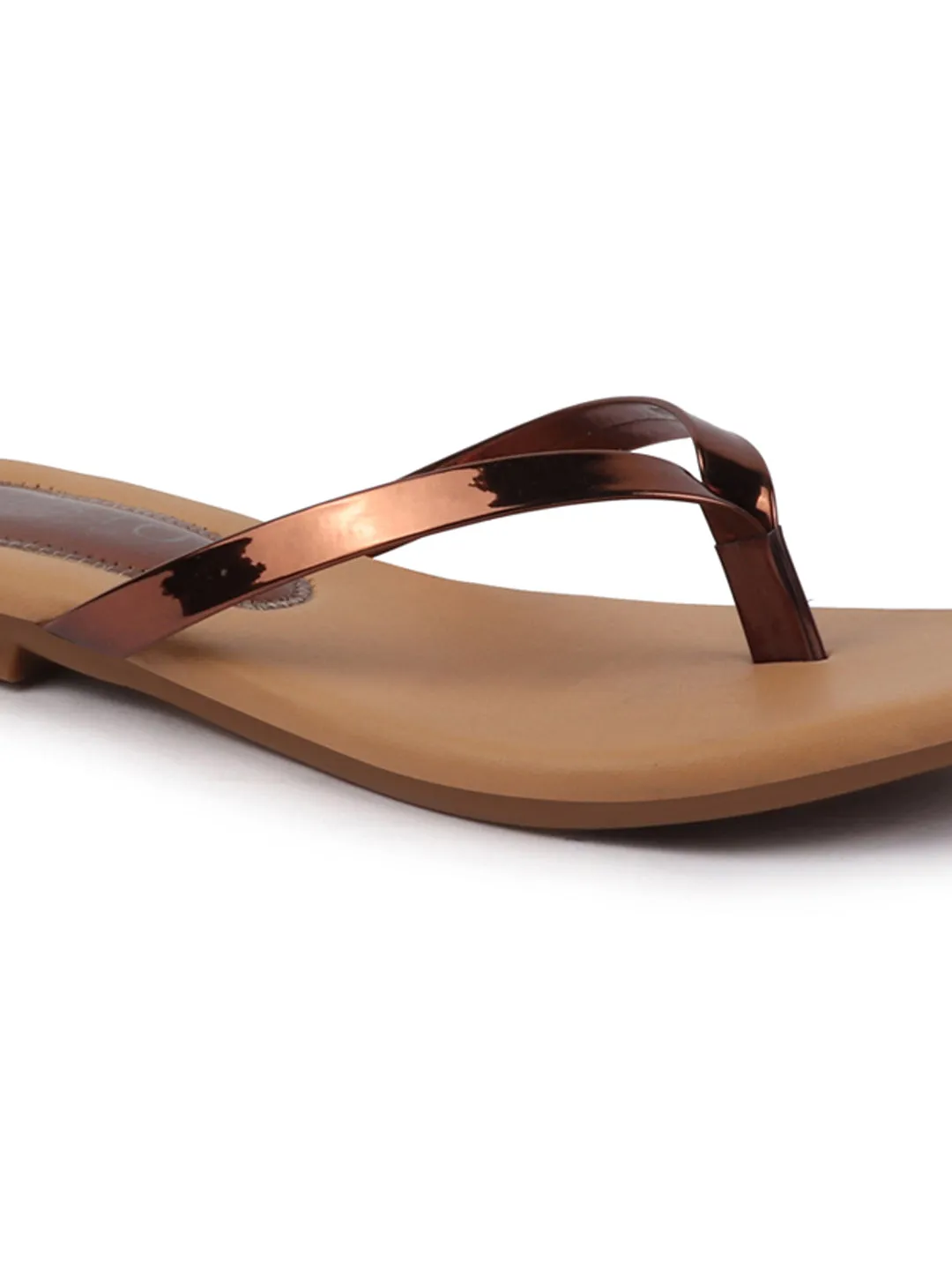 Women Copper Shiny Sleek T-Strap Slipper With Cushioned Footbed|Flat Slipper For Party|Office Wear|Weekend