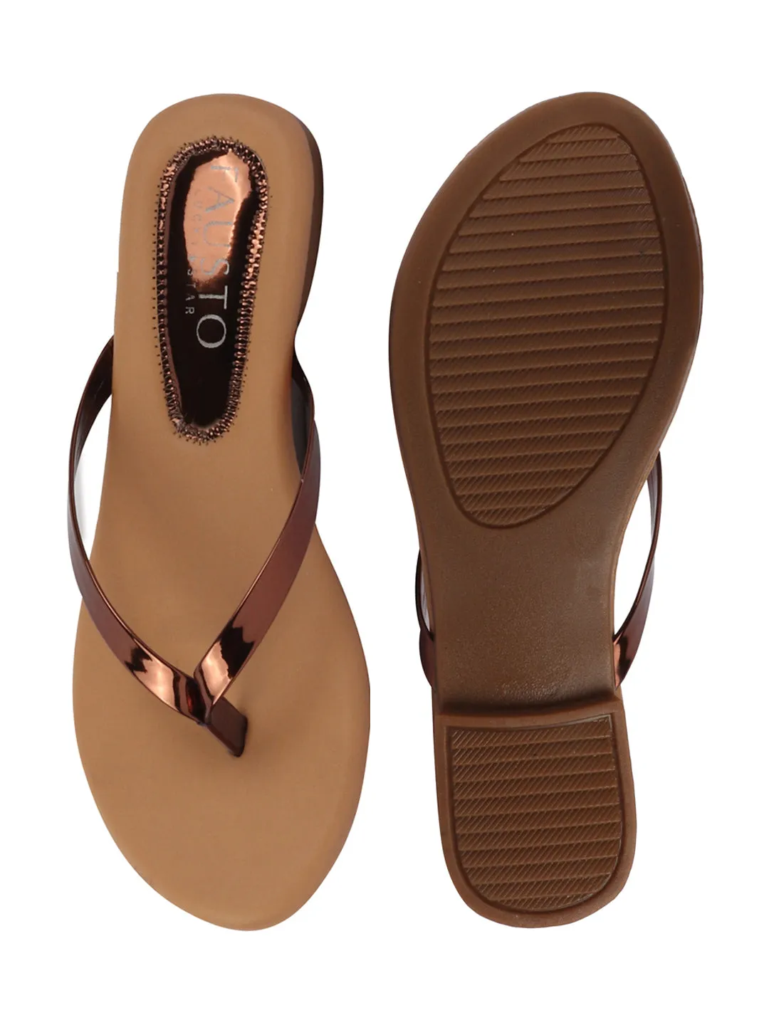 Women Copper Shiny Sleek T-Strap Slipper With Cushioned Footbed|Flat Slipper For Party|Office Wear|Weekend