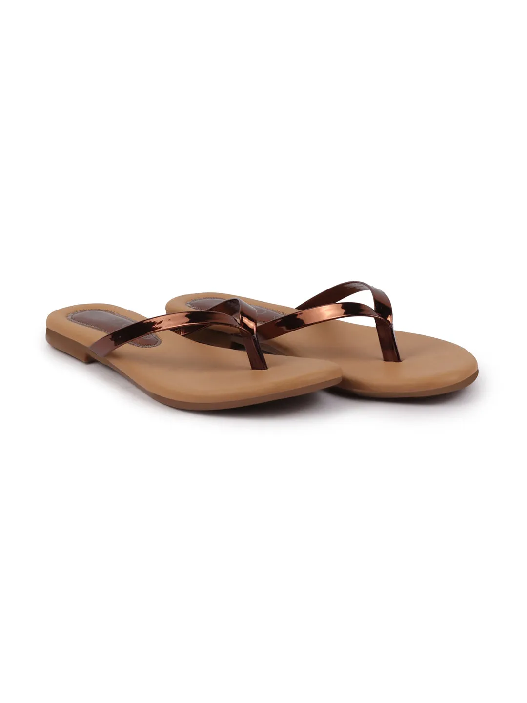 Women Copper Shiny Sleek T-Strap Slipper With Cushioned Footbed|Flat Slipper For Party|Office Wear|Weekend