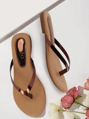 Women Copper Shiny Sleek T-Strap Slipper With Cushioned Footbed|Flat Slipper For Party|Office Wear|Weekend