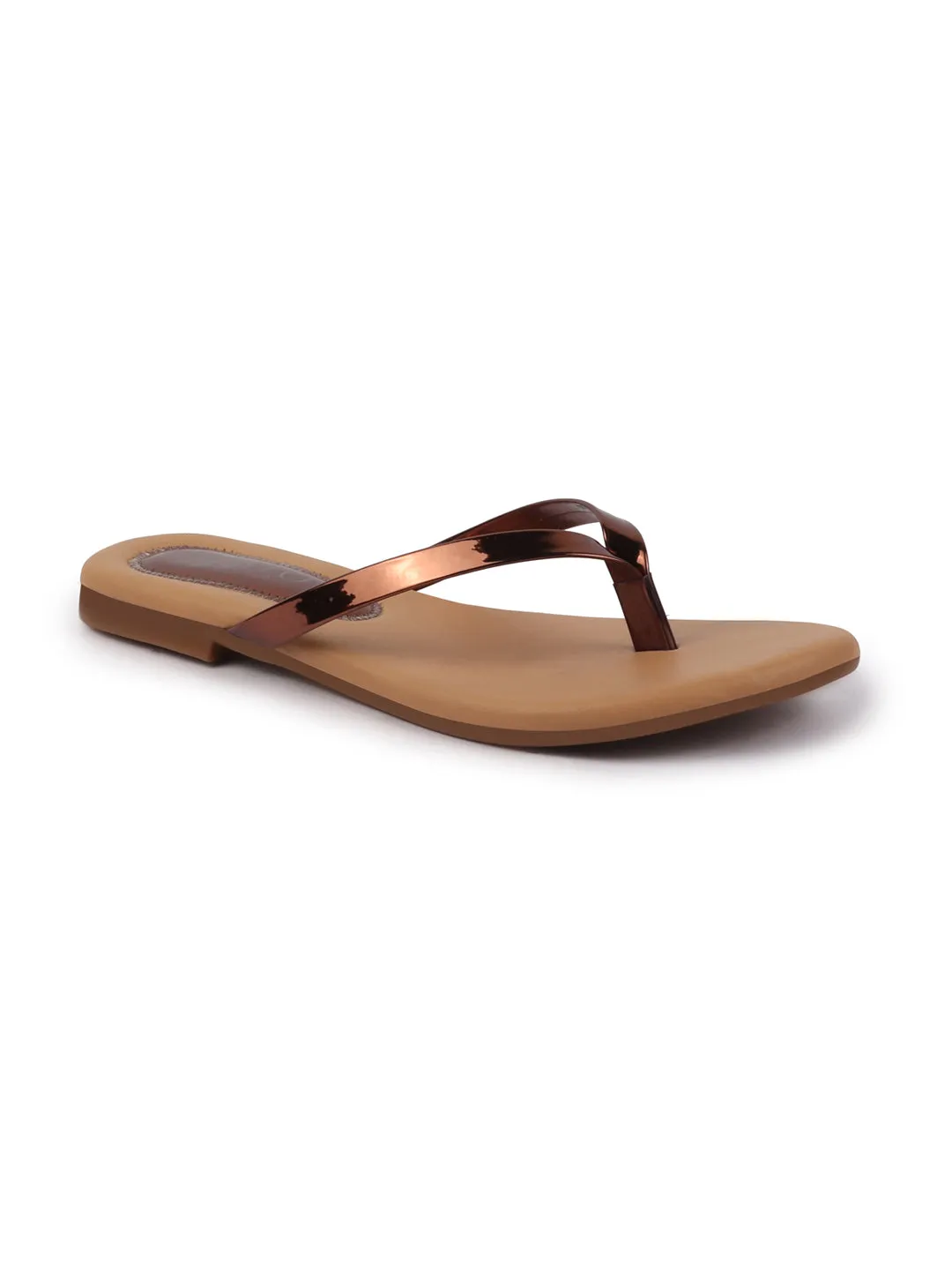 Women Copper Shiny Sleek T-Strap Slipper With Cushioned Footbed|Flat Slipper For Party|Office Wear|Weekend