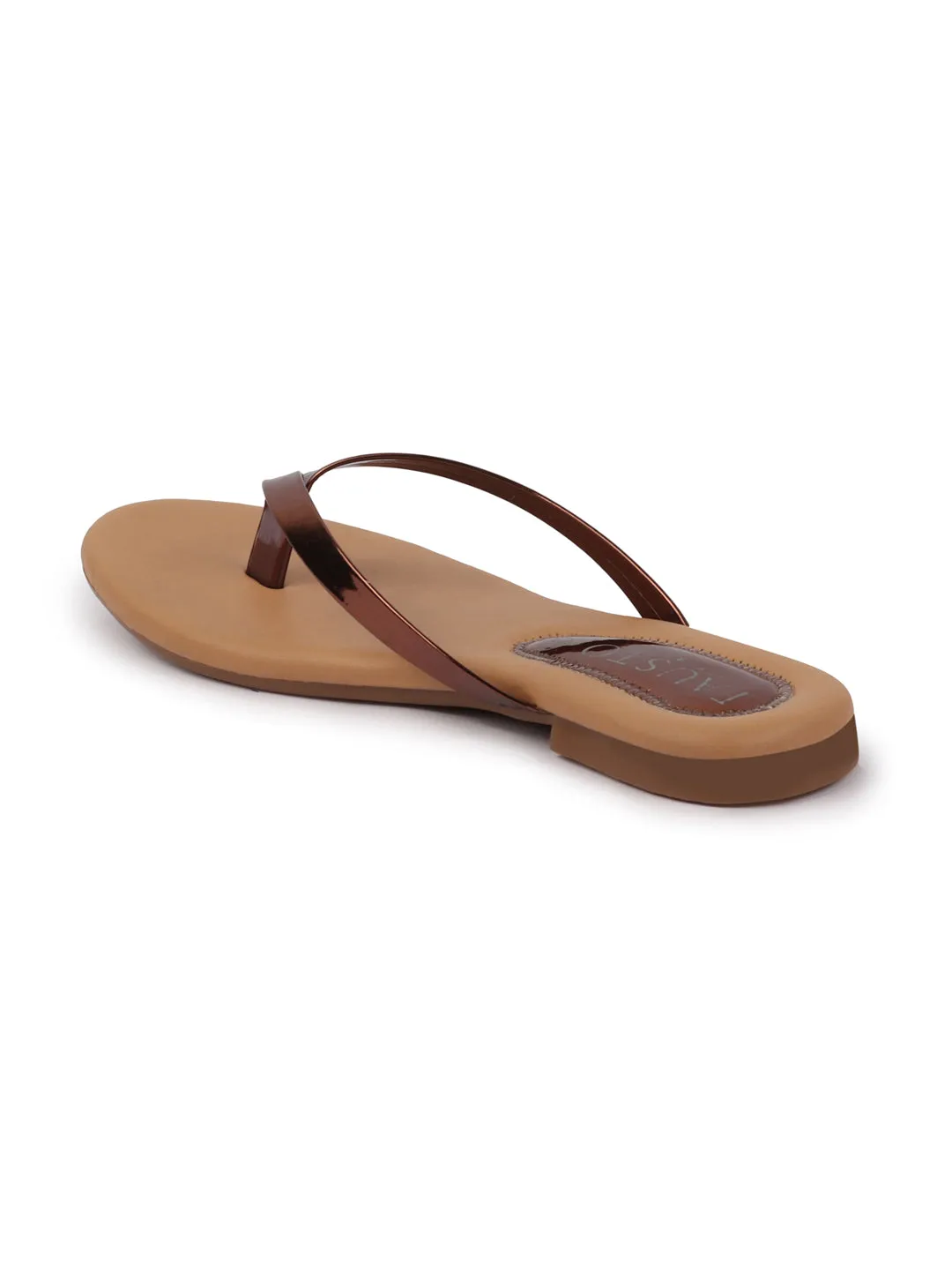 Women Copper Shiny Sleek T-Strap Slipper With Cushioned Footbed|Flat Slipper For Party|Office Wear|Weekend