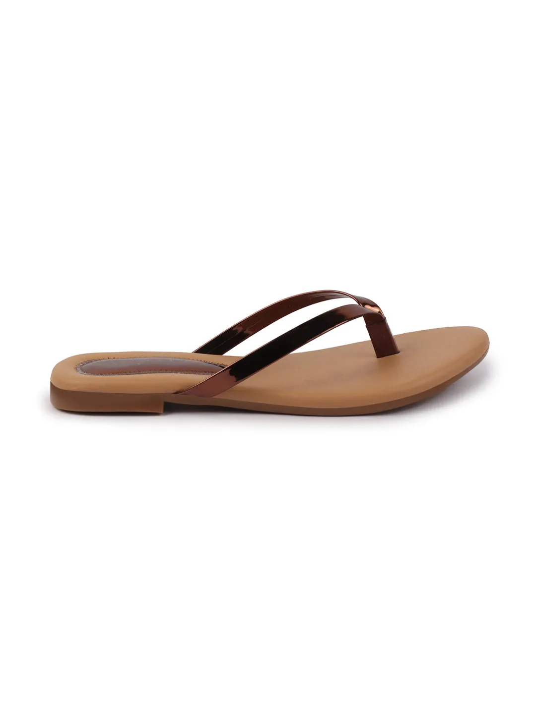 Women Copper Shiny Sleek T-Strap Slipper With Cushioned Footbed|Flat Slipper For Party|Office Wear|Weekend