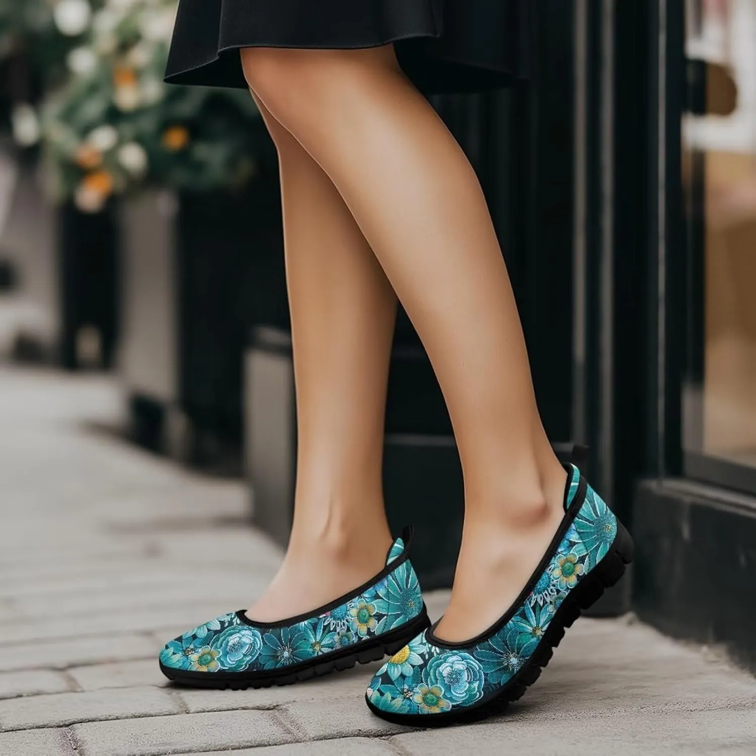 Women's Casual Shoes Floral Stylish Everyday Loafers Breathable Non Slip Work Shoes for Indoor Outdoor Size 6-11 Black Sole