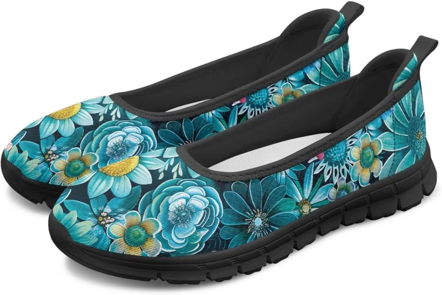 Women's Casual Shoes Floral Stylish Everyday Loafers Breathable Non Slip Work Shoes for Indoor Outdoor Size 6-11 Black Sole