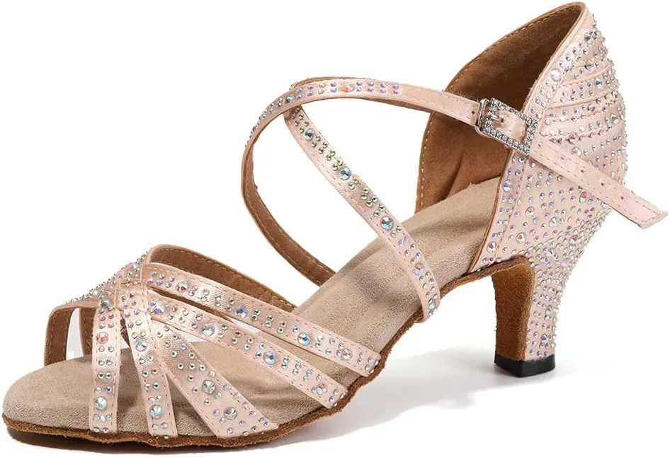 Womens Rhinestone Latin Dance Shoes Satin Open Toe Ballroom Salsa Tango Waltz Dancing Shoes,Model L377
