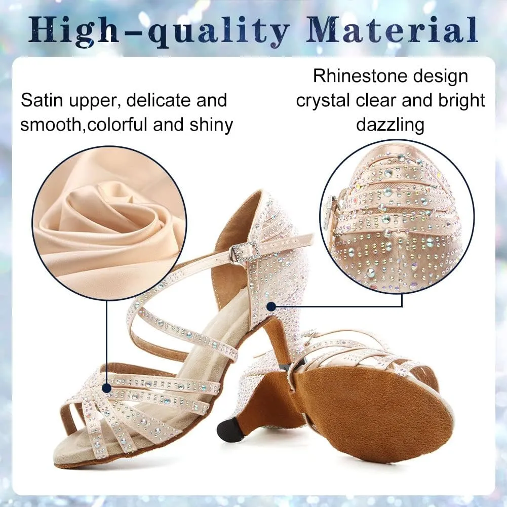 Womens Rhinestone Latin Dance Shoes Satin Open Toe Ballroom Salsa Tango Waltz Dancing Shoes,Model L377