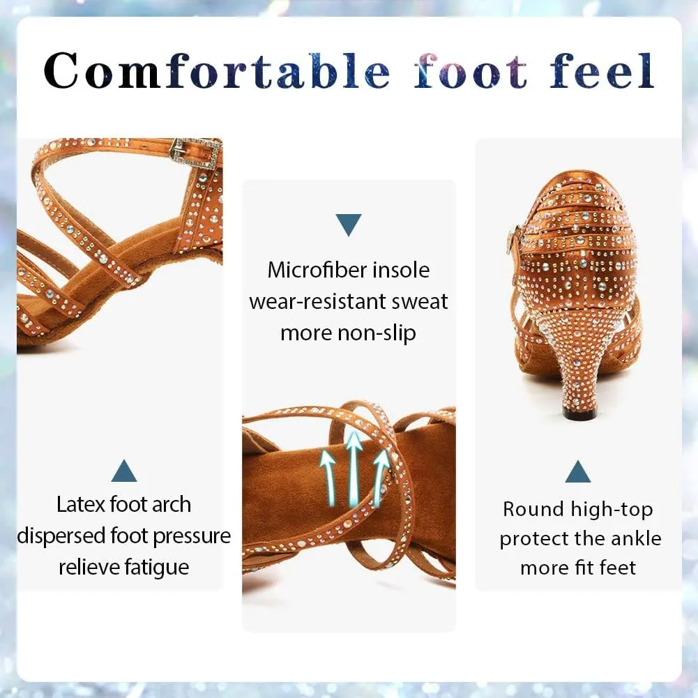Womens Rhinestone Latin Dance Shoes Satin Open Toe Ballroom Salsa Tango Waltz Dancing Shoes,Model L377