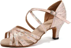Womens Rhinestone Latin Dance Shoes Satin Open Toe Ballroom Salsa Tango Waltz Dancing Shoes,Model L377