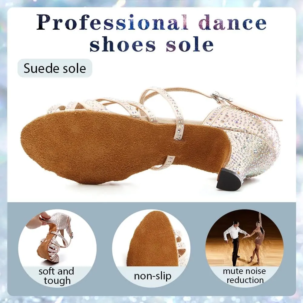 Womens Rhinestone Latin Dance Shoes Satin Open Toe Ballroom Salsa Tango Waltz Dancing Shoes,Model L377