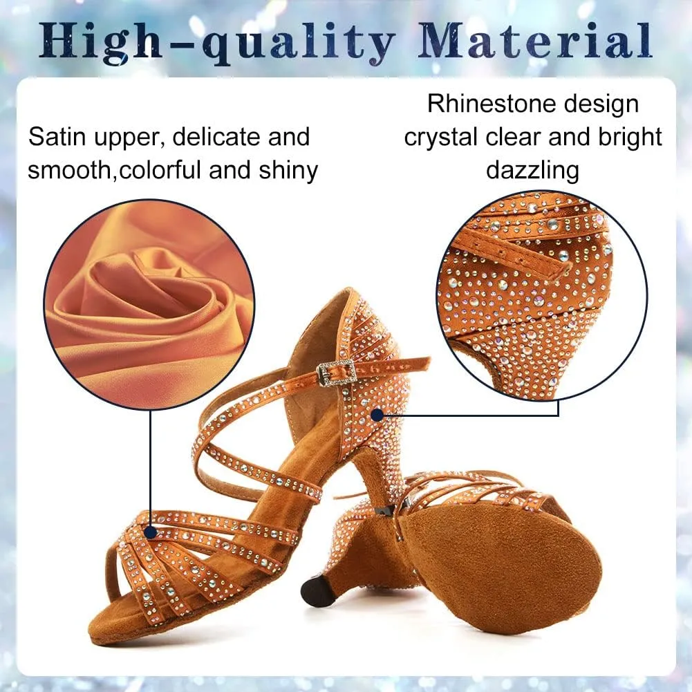 Womens Rhinestone Latin Dance Shoes Satin Open Toe Ballroom Salsa Tango Waltz Dancing Shoes,Model L377