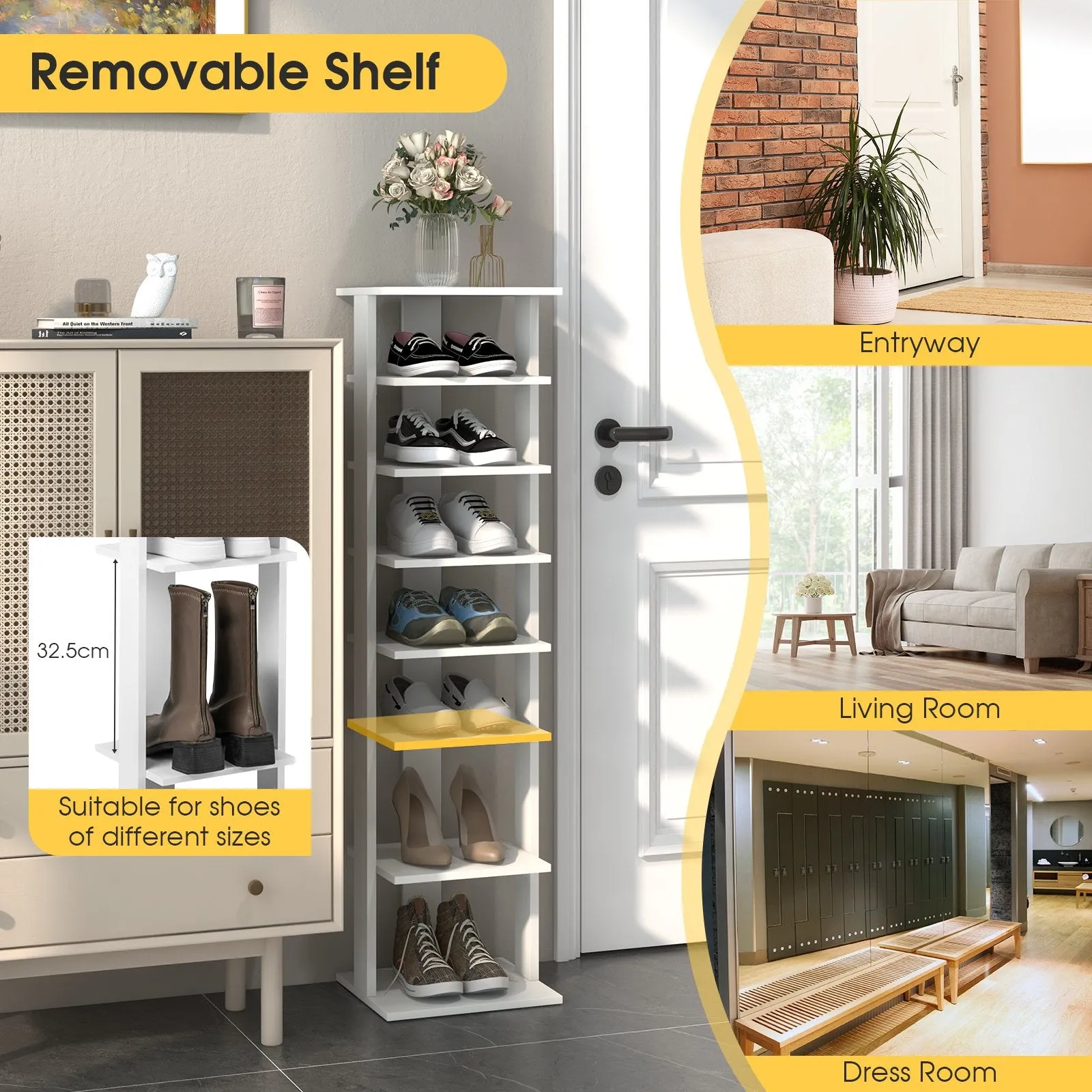 Wooden Vertical Shoe Rack with 7 Shelves-White